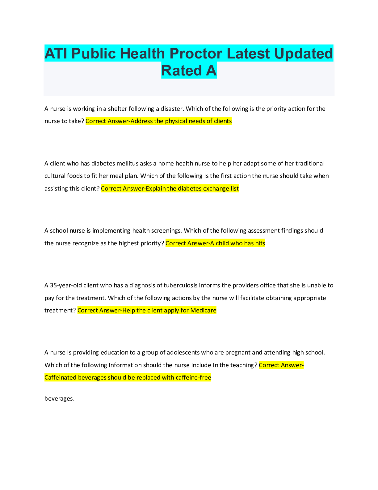 Preview of ATI Public Health Proctor Latest Updated Rated A